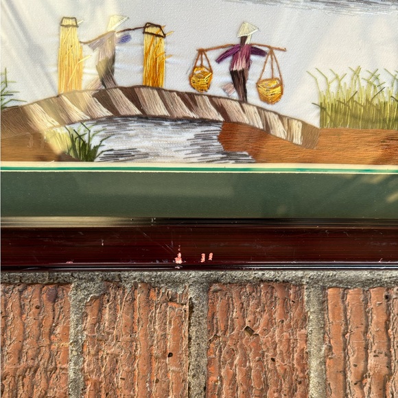 Framed Handmade Silk Embroidery Asian Village Scene Size 13.5”x17.5” - Picture 4 of 8